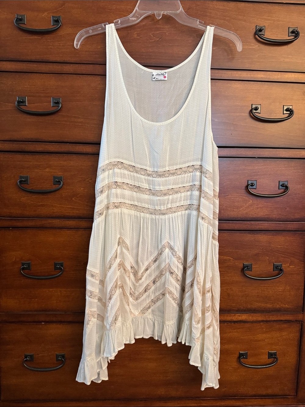 Free People Cream & Beige Lace-Trim Voile Slip/Trapeze Dress